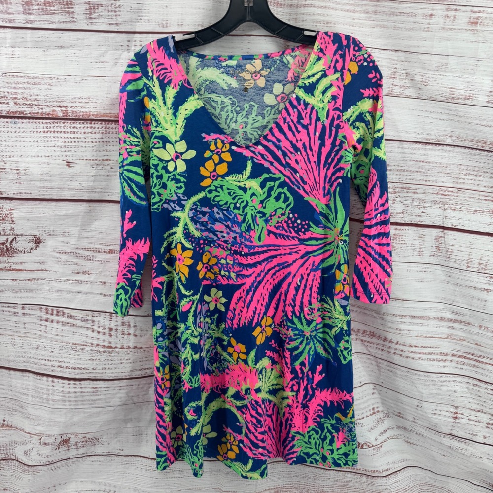 Lilly Pulitzer Dress Size XXS Navy Pink Coral Floral Vibrant V-Neck 3/4 Sleeve